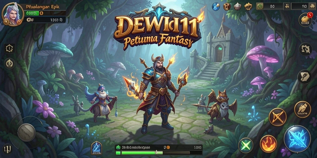 Screenshot utama DEWI11 menampilkan adegan pertarungan epik dan karakter menarik.