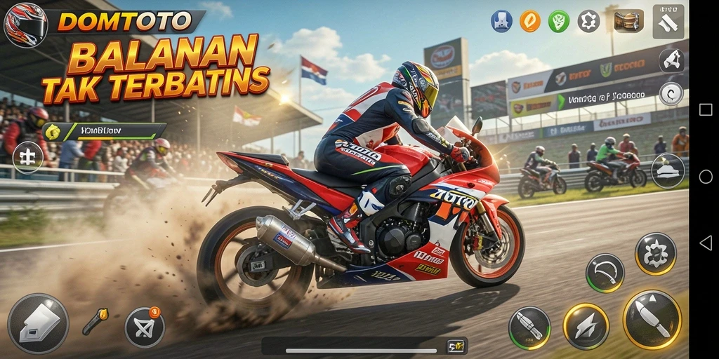 Tangkapan layar gameplay DOMTOTO menunjukkan balapan motor yang mendebarkan di trek yang menantang.