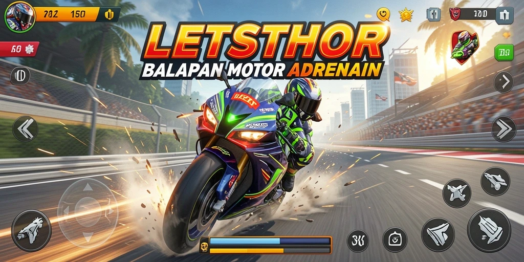 Gameplay mendebarkan dalam LETSTHOR dengan balapan motor yang penuh aksi.