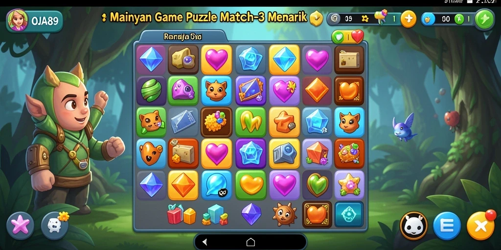 Screenshot gameplay OJA89 menampilkan aksi mencocokkan objek berwarna-warni.