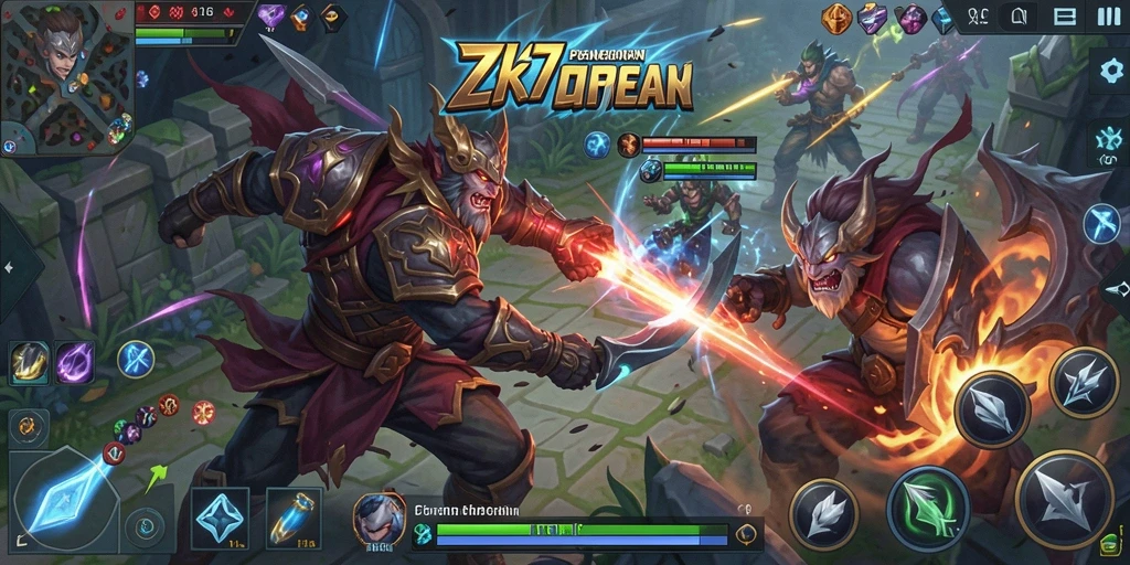 Gameplay ZK7 yang dinamis dan penuh aksi dalam mode MOBA.